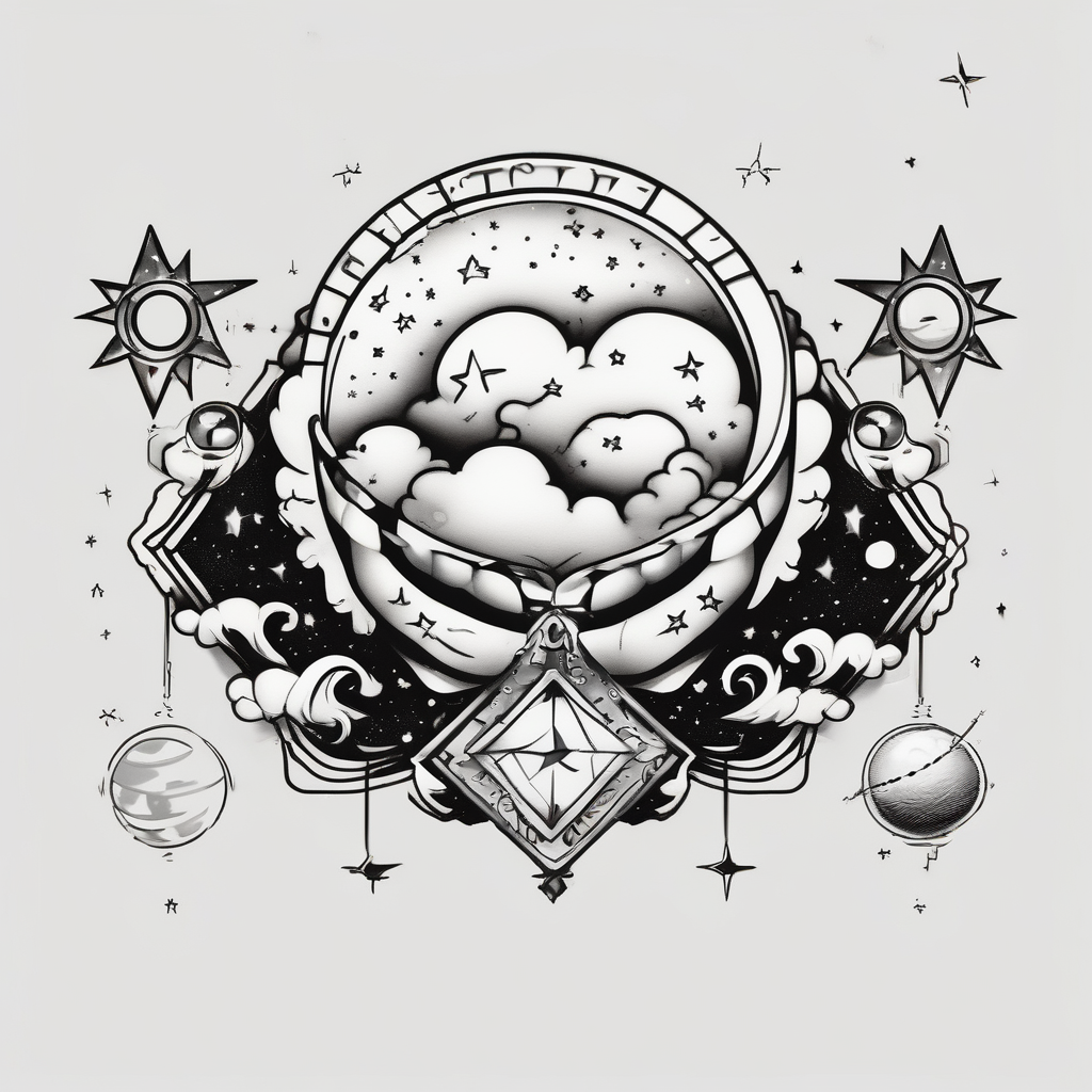 A wrist tattoo in a format of a cloud with the bracelet orientation and inside of this cloud I want galaxy stars and planets english dragon tattoo, AI-generated Old School tattoo design